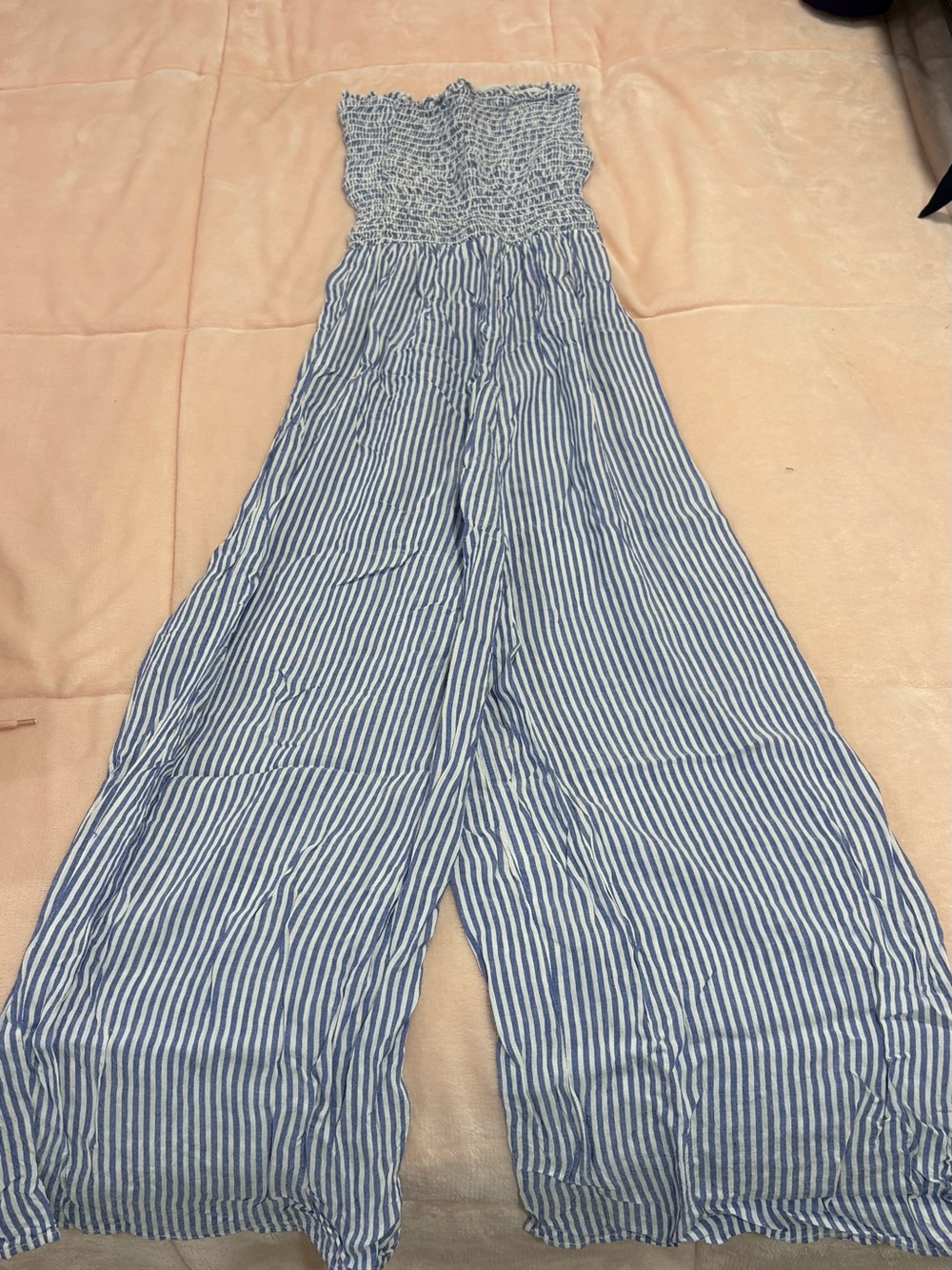 Garage Blue and White Striped Strapless Smocked Jumpsuit